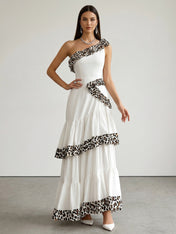 White Leopard Trim One-Shoulder Tiered Ruffle Maxi Dress