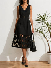 Black Devore Classic V Neck Sleeveless A-Line Midi Dress
