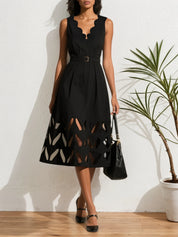 Black Devore Classic V Neck Sleeveless A-Line Midi Dress