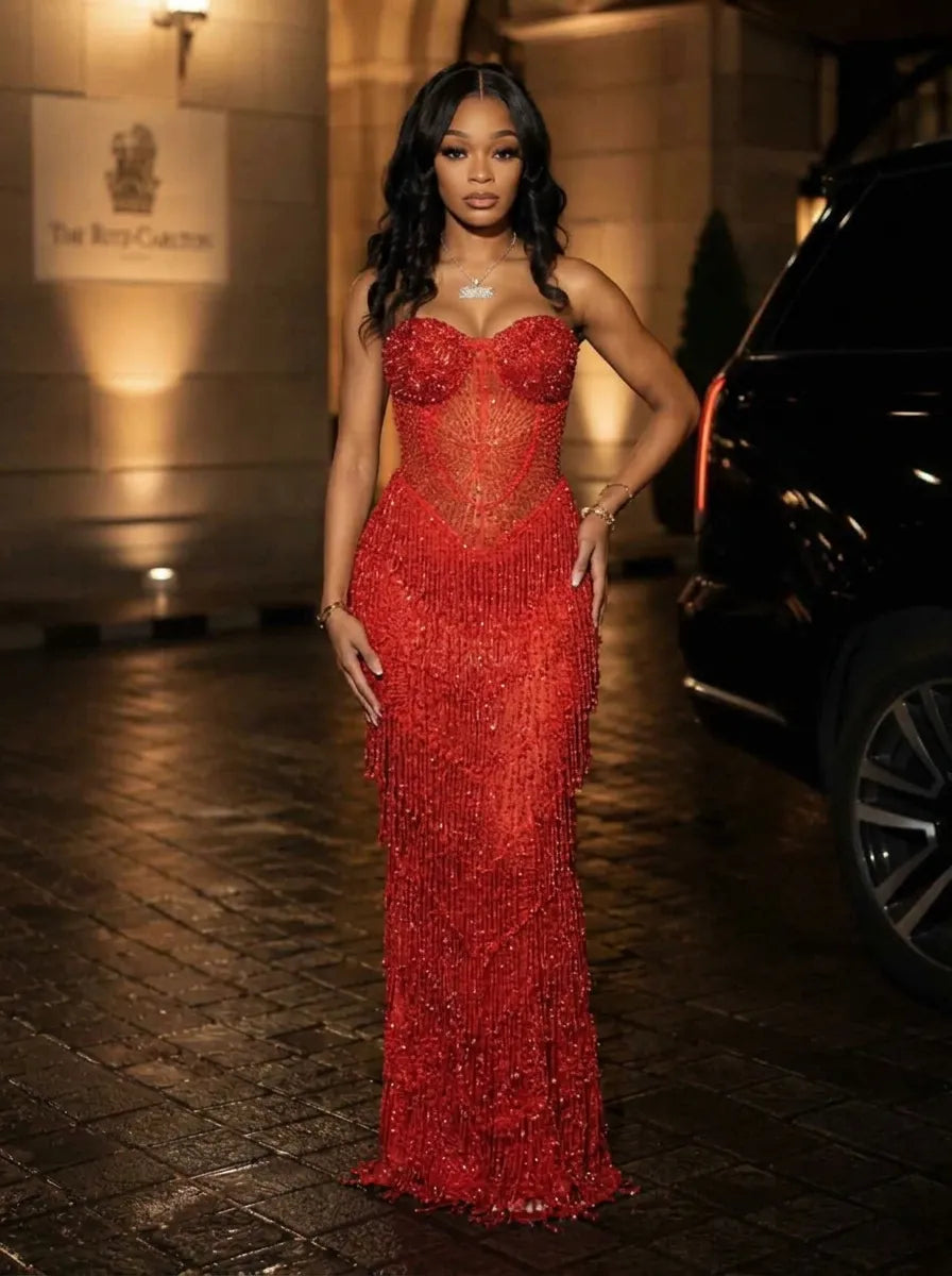 Strapless Fringe-Embellished Mermaid Prom Dress
