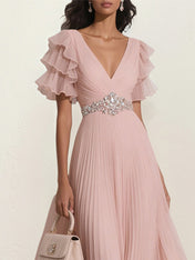 A Line Pink Chiffon V Neck Rhinestone Ruffle Sleeve Ankle Length Dress