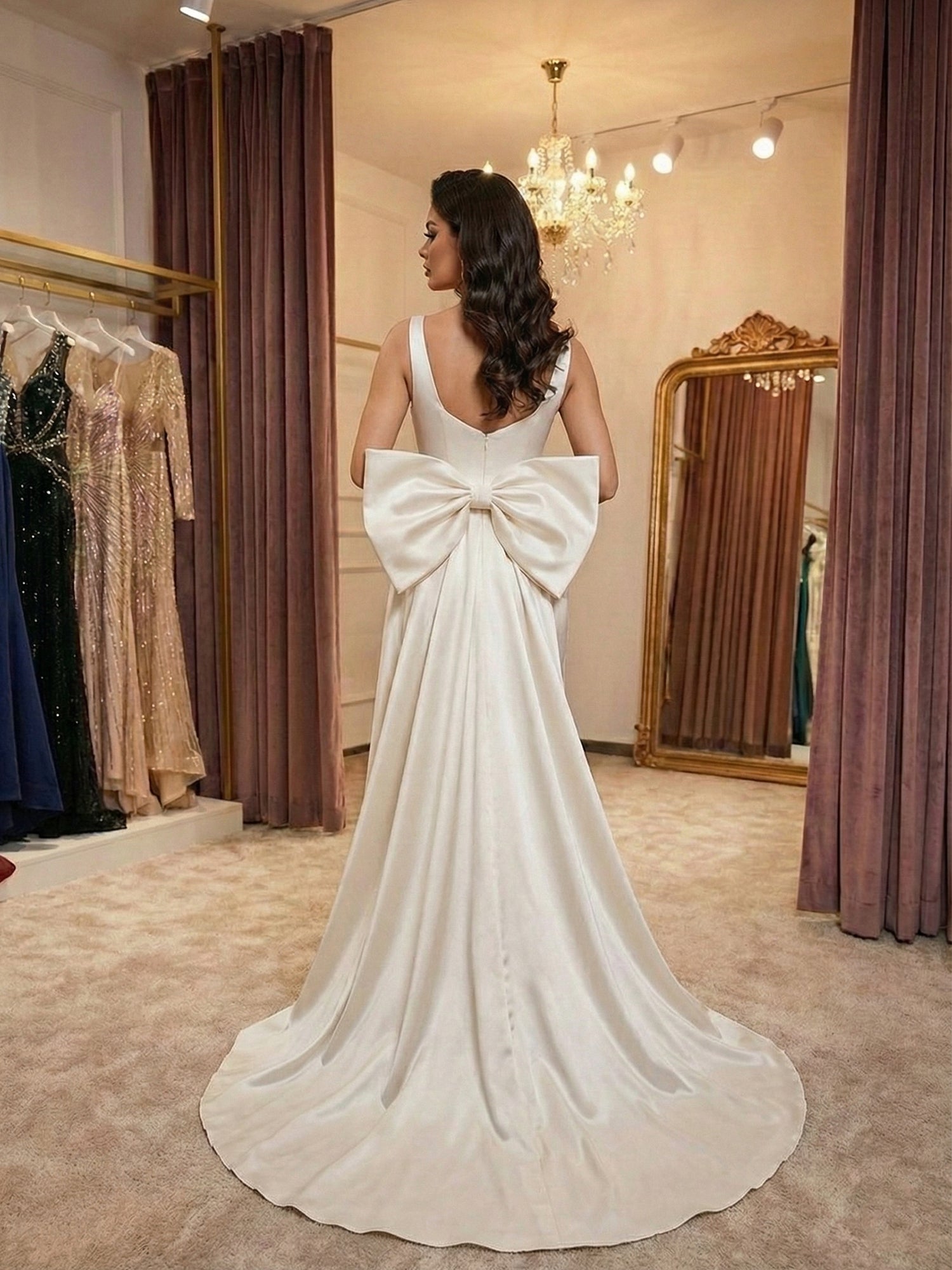 Ivory Grace Satin Square-Neck Prom Dress with Side Bow