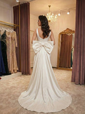 Ivory Grace Satin Square-Neck Prom Dress with Side Bow