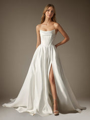 White A-Line Ball-Gown Strapless Satin Wedding Dress