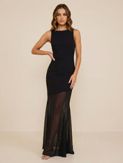 Sleeveless High Neck Sheer Mesh Insert Mermaid Gown Evening Dress