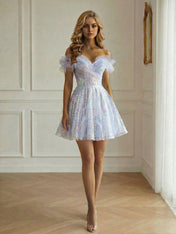 Off-the-Shoulder Lace-Up Back Iridescent Tulle Party Dress Homecoming Dress