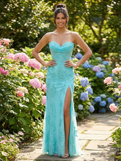 Light Blue Corset-Bodice Lace Prom Dress  with Thigh-High Slit