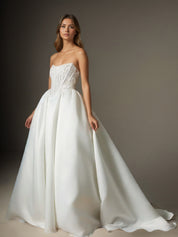 White A-line Strapless Lace Sweep Train Wedding Dress