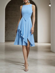 Light Blue Asymmetric Classic Crew Neck Sleeveless A-Line Midi Dress
