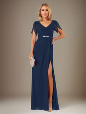 Dark Navy Sheath/Column Chiffon V Neck Short Sleeve Floor Length Dress