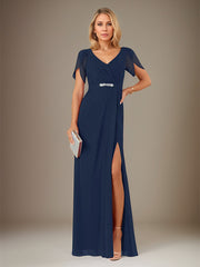 Dark Navy Sheath/Column Chiffon V Neck Short Sleeve Floor Length Dress