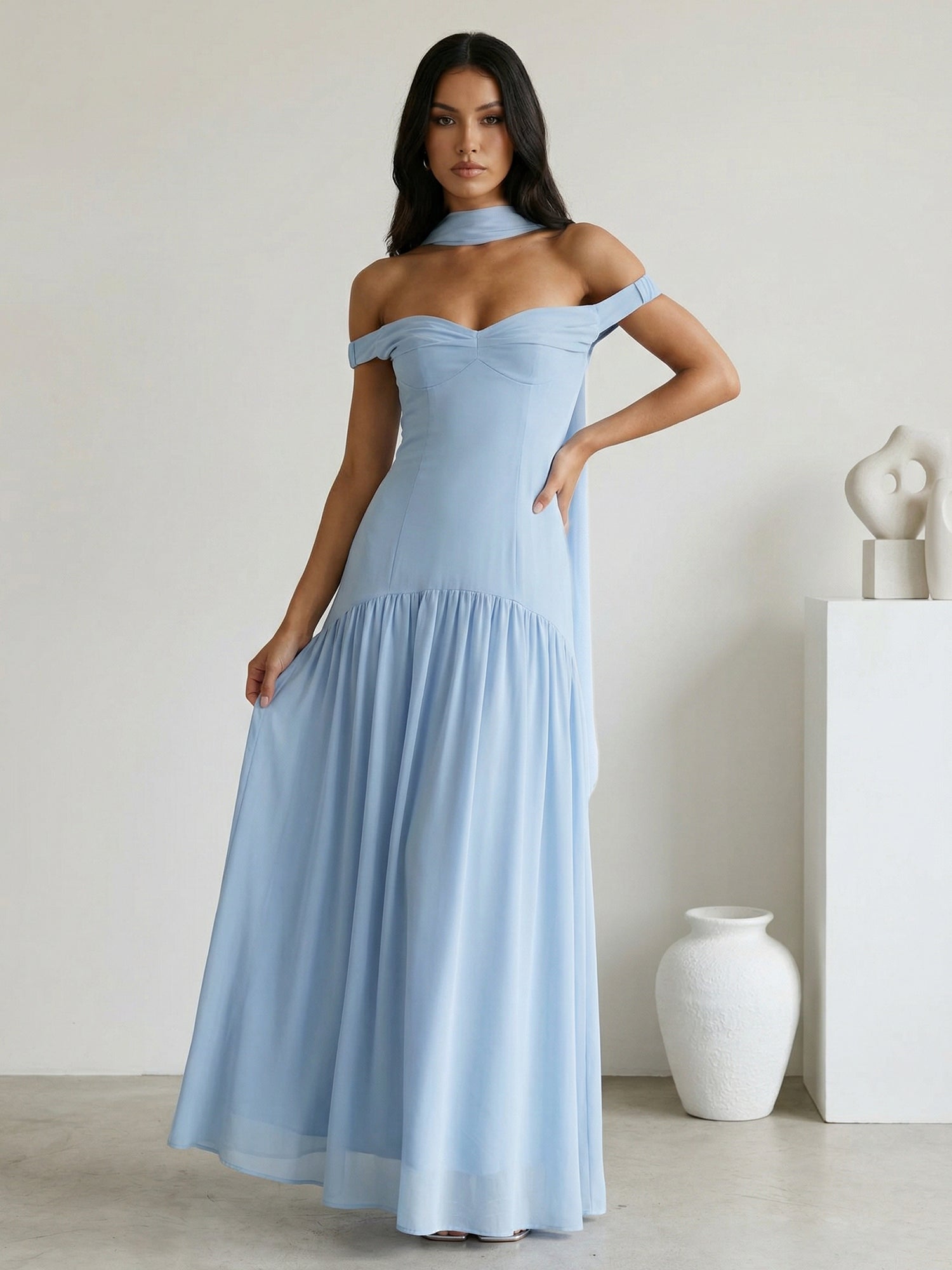 Light Blue Off the Shoulder A Line Maxi Dress with Pleat