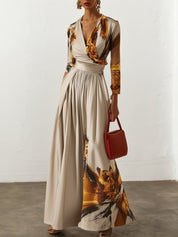 Women Light Khaki Floral V Neck Long Sleeve Wide-Leg Jumpsuit