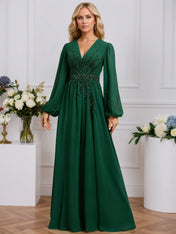 A-line V-Neck Floor-Length Chiffon Evening Dress With Pleated Sequins Beading