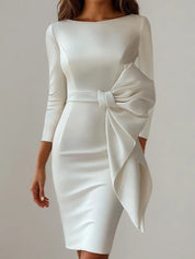 White Bow Boat Neck Three Quarter Sleeve Sheath Midi Dress