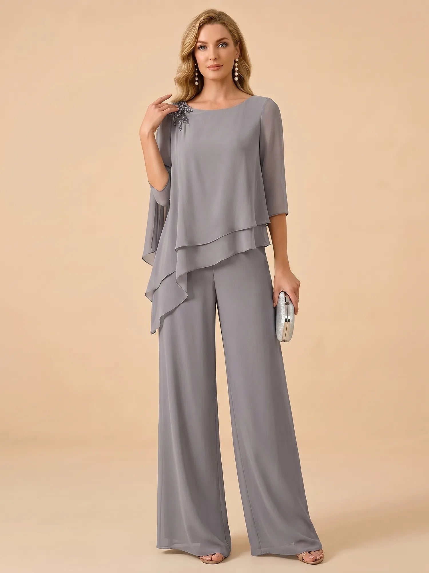Asymmetric Draped Chiffon Wide-Leg Mother of the Bride Pant Set