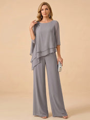 Asymmetric Draped Chiffon Wide-Leg Mother of the Bride Pant Set