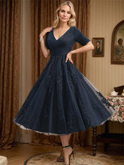 A-line V-Neck Tea-Length Tulle Lace Mother of the Bride Dress With Pleated