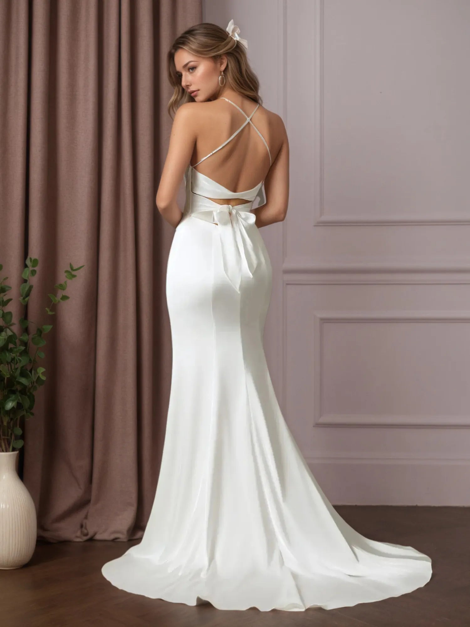 White Mermaid Pleated Stretch Satin Wedding Dress