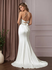 White Mermaid Pleated Stretch Satin Wedding Dress