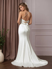 White Mermaid Pleated Stretch Satin Wedding Dress
