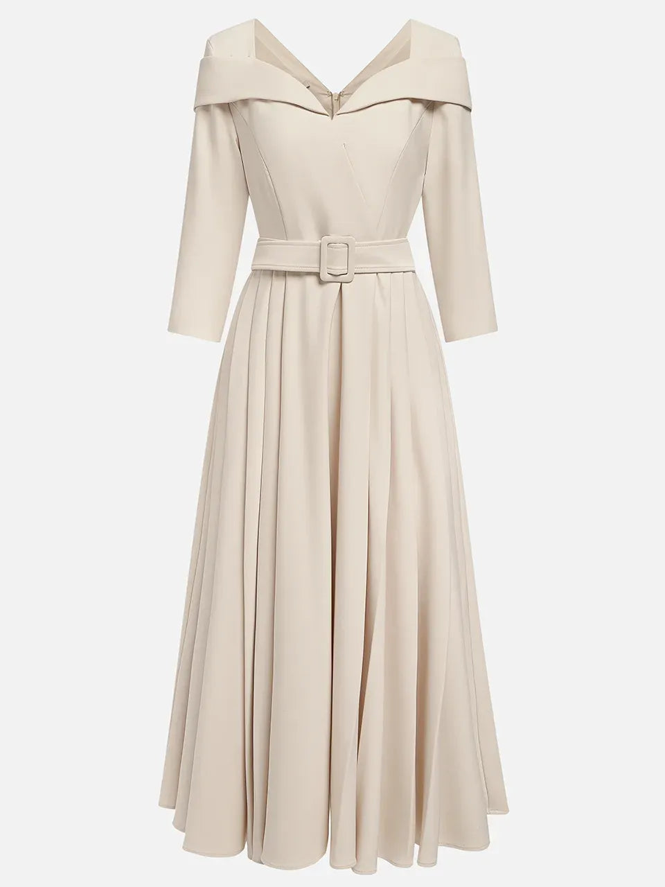 Off White Pleated Ruched Three Quarter Sleeve A-Line Maxi Dress