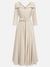 Off White Pleated Ruched Three Quarter Sleeve A-Line Maxi Dress