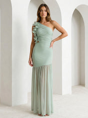Sage Green One Shoulder Maxi Dress Prom Dress with 3D Flower