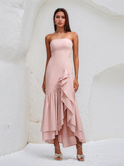 Pink Chiffon Off the Shoulder Sleeveless Asymmetrical Length Dress With Ruffles