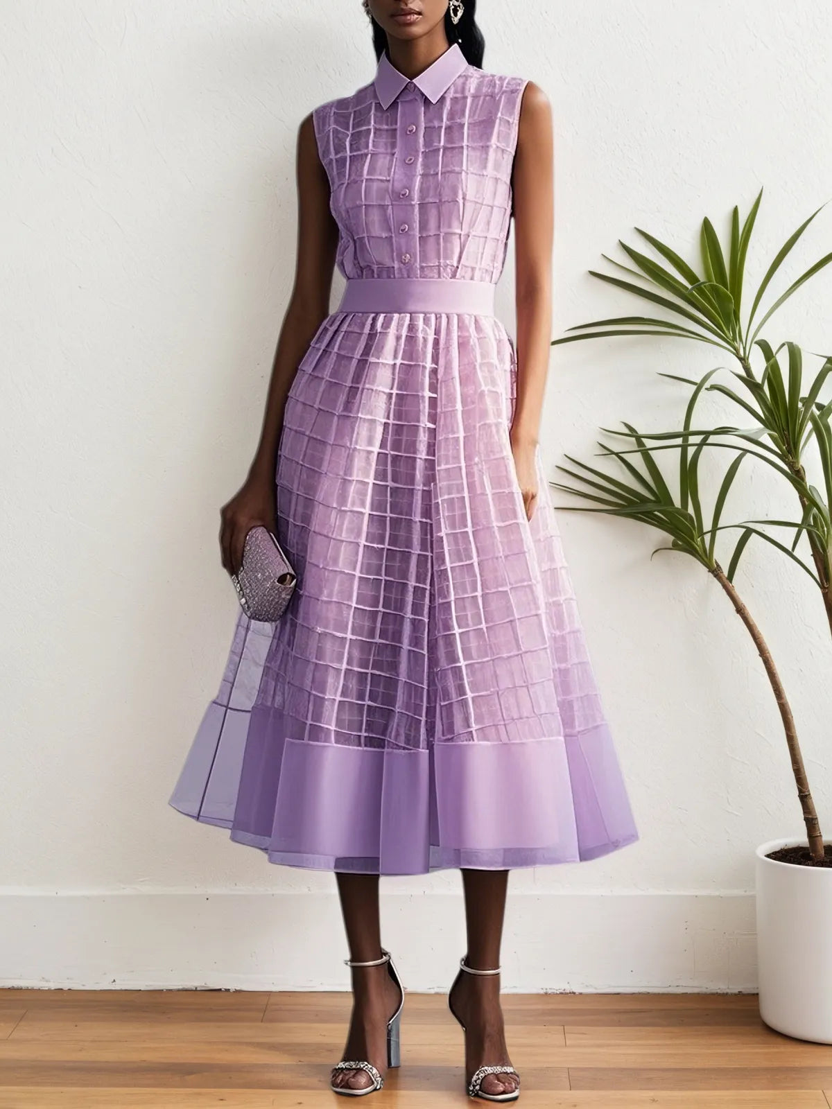 Lavender Purple Buckle Shirt Dress Shirt Collar Sleeveless A-Line Midi Dress