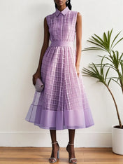 Lavender Purple Buckle Shirt Dress Shirt Collar Sleeveless A-Line Midi Dress