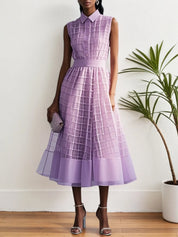 Lavender Purple Buckle Shirt Dress Shirt Collar Sleeveless A-Line Midi Dress