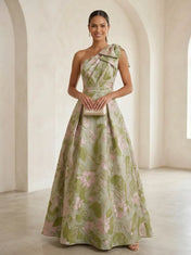 One-Shoulder Bow-Accented Jacquard Ball Gown Mother Of The Bride Dresses