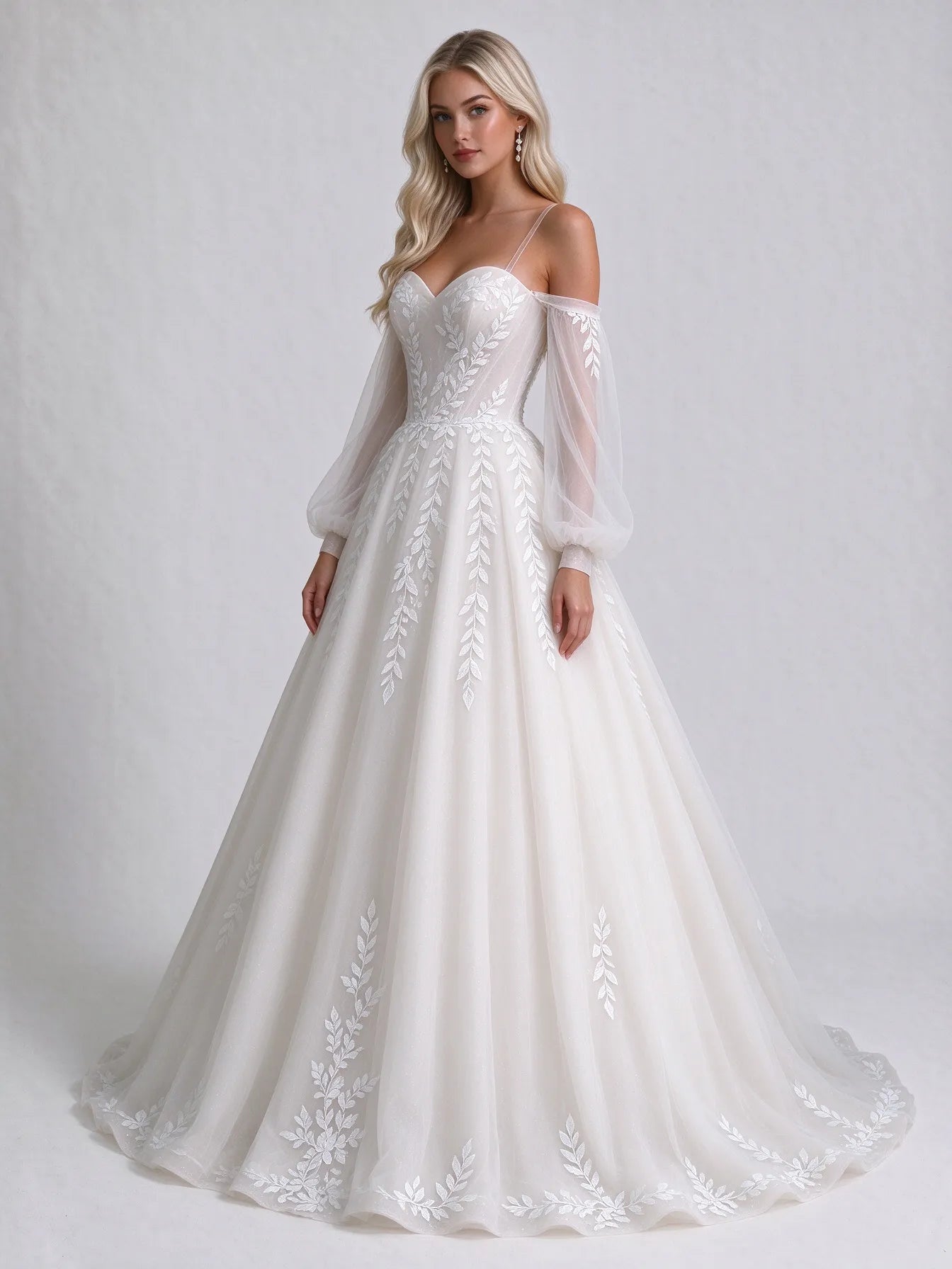 Off-the-Shoulder Bishop Sleeve Embroidered Lace A-Line Wedding Dress with Sweep Train