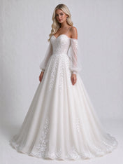 Off-the-Shoulder Bishop Sleeve Embroidered Lace A-Line Wedding Dress with Sweep Train
