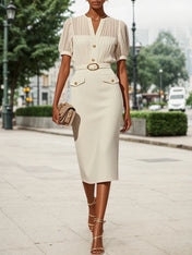 Apricot Pleated Classic Notched Neckline Short Sleeve Sheath Top With Skirt Two-Piece Set