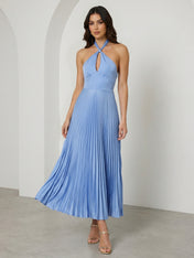 Blue Halter Neck Mermaid Chiffon Maxi Dress with Pleat