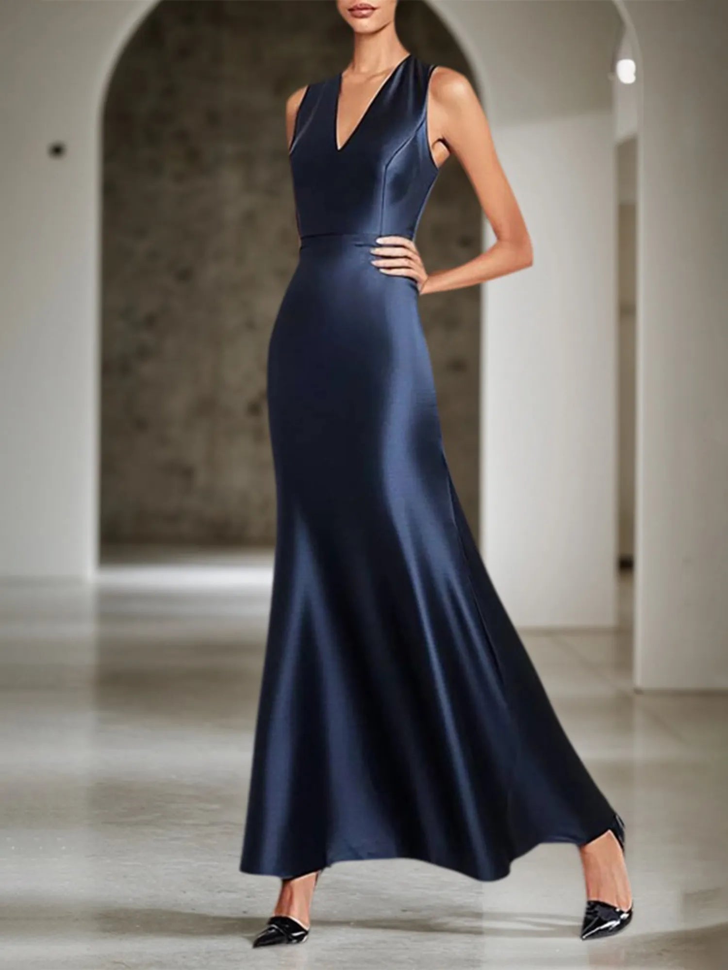 Party Satin Dress Navy V-neck Sleeveless Basic Maxi Dress