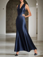 Party Satin Dress Navy V-neck Sleeveless Basic Maxi Dress