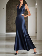 Party Satin Dress Navy V-neck Sleeveless Basic Maxi Dress