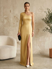 Long Sleeves Black One Shoulder Formal Dress Evening Gown