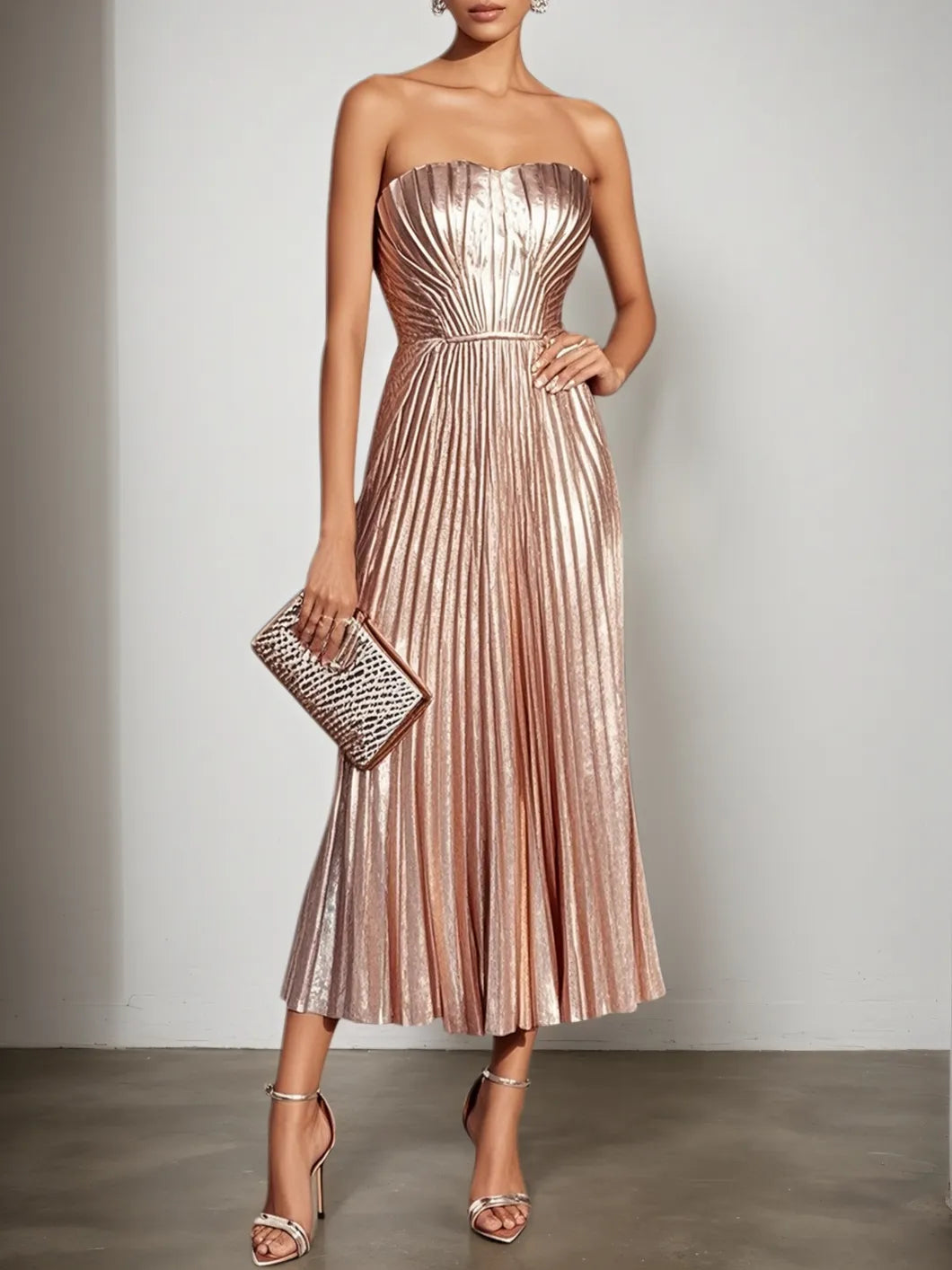 Rose Gold Pleated Satin Strapless Sleeveless A-Line Midi Dress
