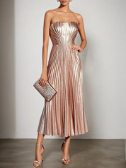 Rose Gold Pleated Satin Strapless Sleeveless A-Line Midi Dress