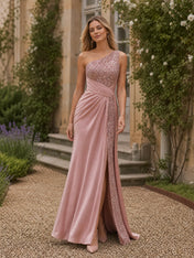 Pink One-Shoulder Sequin Slit Satin Sleeveless Evening Dress
