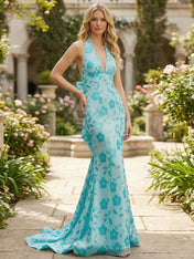 Turquoise Floral Brocade Halter Prom Dress with Back Bow