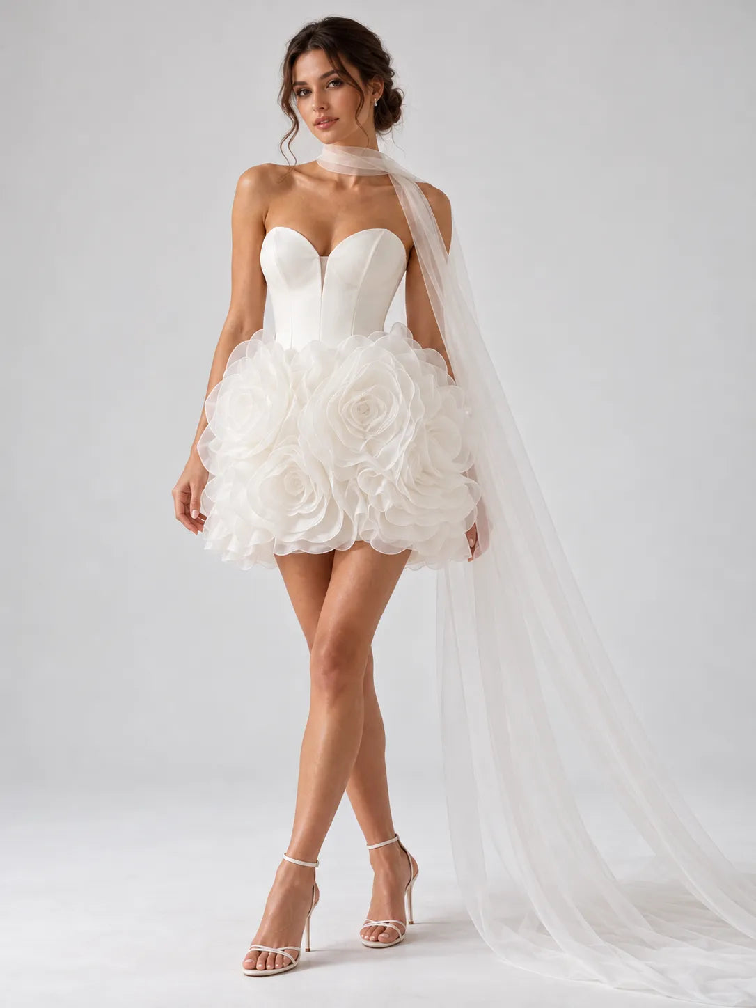 Strapless Sweetheart 3D Rosette Mini Wedding Dress with Detachable Sheer Scarf Train