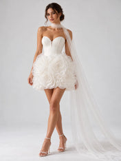 Strapless Sweetheart 3D Rosette Mini Wedding Dress with Detachable Sheer Scarf Train