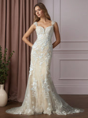 White Champagne Mermaid Sweetheart Sequins Tulle Wedding Dress