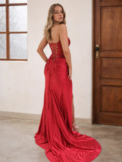 Red Mermaid Strapless Corset Beaded Prom Dress with Slit