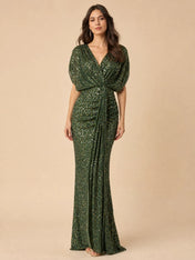 V-Neck Sequin Draped Sleeve Evening Dress